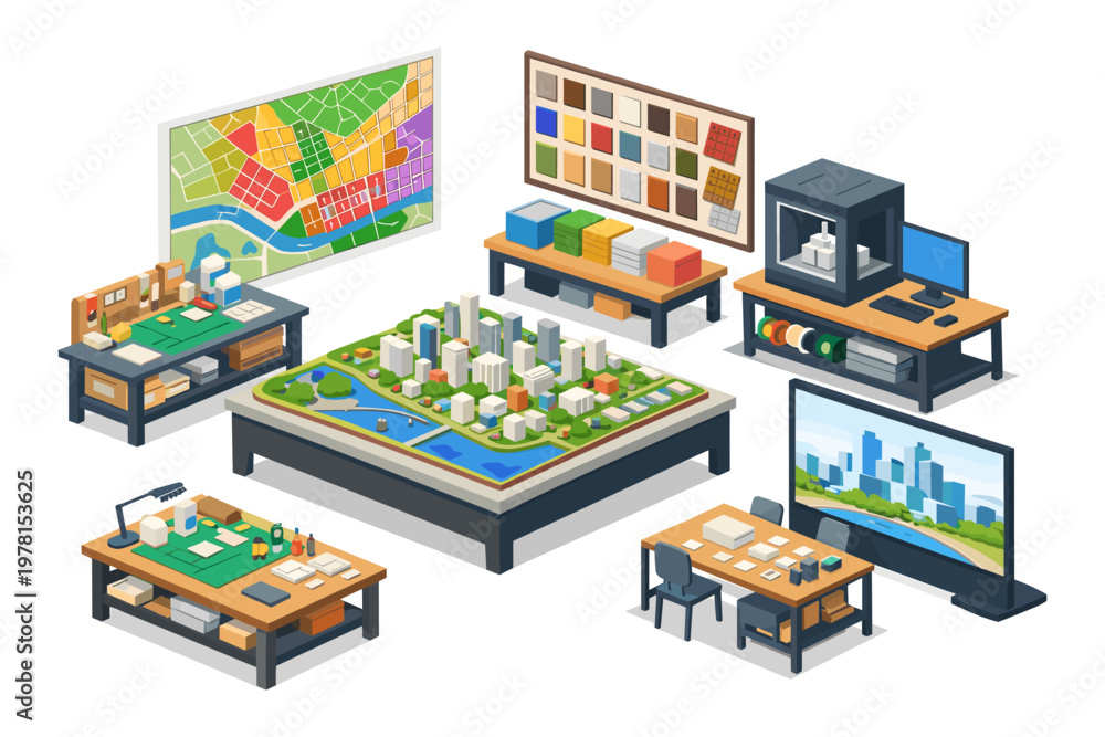 Fototapeta premium Architectural design studio with city models, maps, and 3D printer