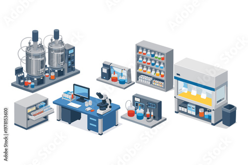 Modern laboratory equipment and scientific research instruments in isometric view
