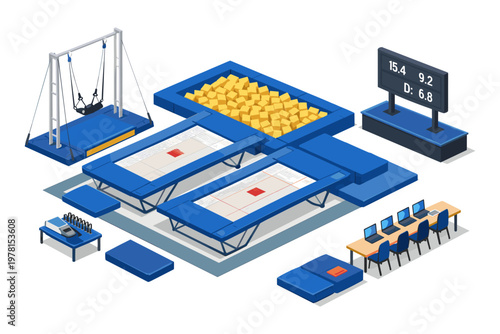 Indoor trampoline park with foam pit, swing, and scoring display for athletic training