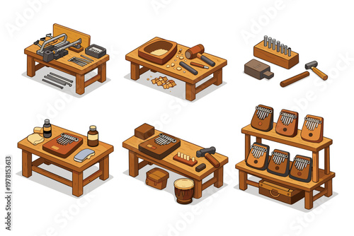 Artisan workshop displays musical instruments and crafting tools