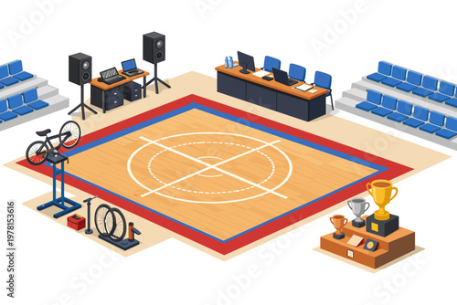 Isometric view of a sports arena with a wrestling mat, trophies, and spectator seating