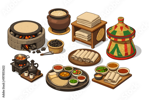 Traditional Ethiopian cuisine with injera, stews, and coffee ceremony elements
