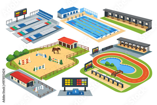 Collection of isometric sports venues and facilities for various athletic competitions