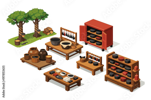 Isometric illustration of a traditional rubber tapping and processing setup