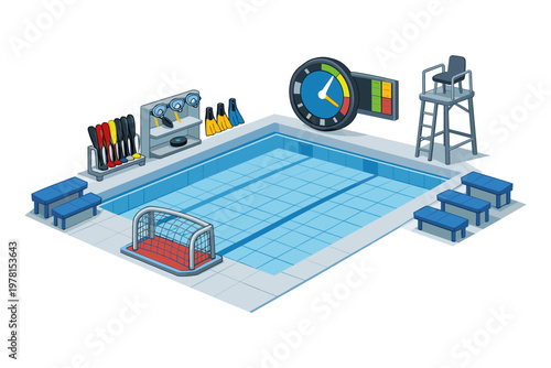 Isometric swimming pool with water polo goal, fins, goggles, and lifeguard chair