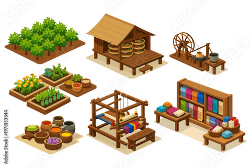 Isometric illustration of traditional village crafts and agriculture with natural resources
