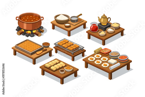 Isometric illustration of a traditional food preparation scene with various dishes and ingredients