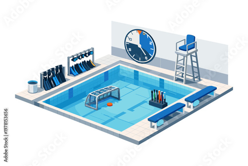 Isometric view of a water polo pool with equipment and a clock on the wall