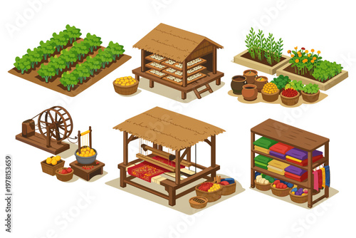 Traditional village life with farming, weaving, and crafts depicted in isometric style