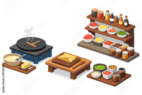 Crepe making station with ingredients and toppings displayed on shelves