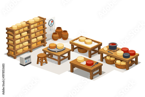Artistic depiction of a cheese-making workshop with shelves and workstations