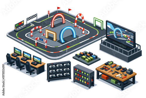 Isometric setup for drone racing simulation and control station