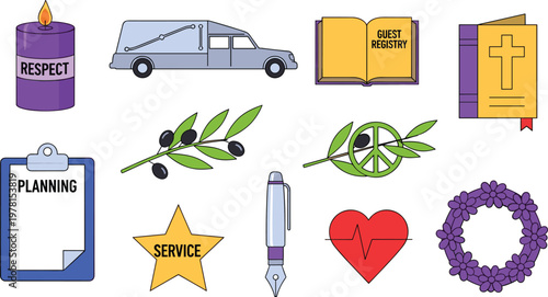 Service, Planning, and Respect Vector Icons Set with Religious, Hospitality, Peace, Heart, and Star Symbols for Social Services, Charity, and Community Support Designs