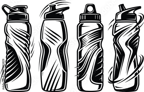 High-resolution vector illustration of diverse sport water bottles, featuring dynamic design elements for fitness enthusiasts.