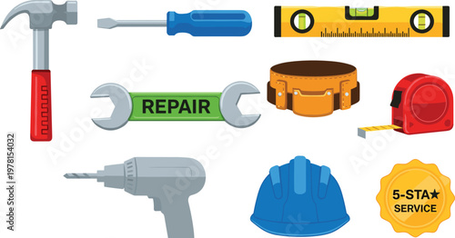 Tools and Repair Service Vector Icons Set with Hammer, Wrench, Drill, Tape Measure, Helmet, and 5-Star Service Symbols for Home Improvement, Construction, and Maintenance Designs