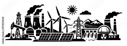 Global energy landscape integrating traditional and sustainable power sources like fossil fuels, nuclear, wind, solar, and hydroelectric