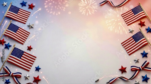 Celebration with American flags and decorations for a patriotic event with fireworks in the background blank copy space design 