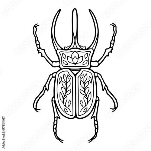 ornate horned beetle illustration with floral shell ornaments