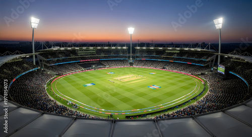 Aerial view of a large cricket stadium filled with spectators at sunset