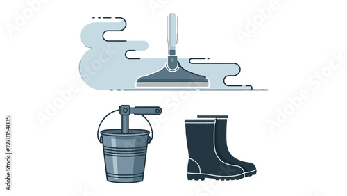Cleaning Essentials: A selection of cleaning tools, including a mop, bucket, and rubber boots, presented in a clean and organized manner. 