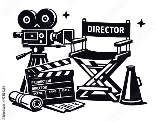 Film production components for storytelling, filmmaking, and entertainment industry concepts. Capturing movie shooting and directing
