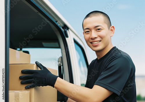 荷物を積み込む配送ドライバーの男性
