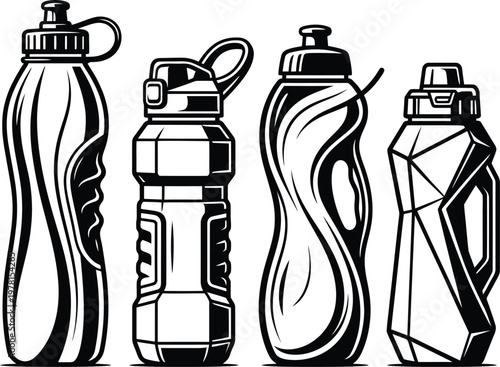 Collection of four stylized sports water bottles, high resolution, black and white line art, professional composition.