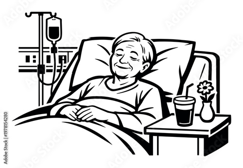 Senior woman relaxing in a hospital bed, receiving intravenous therapy, showing a peaceful expression and well-being