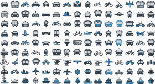 Collection of diverse transportation icons in a grid pattern.