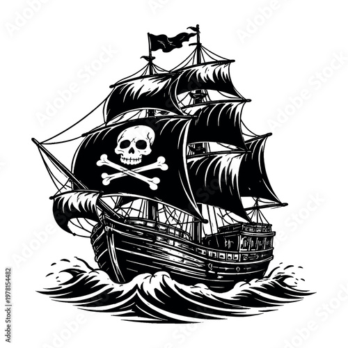 Ancient pirate ship with a skull and crossbones flag, navigating the high seas, symbolizing nautical exploration and peril