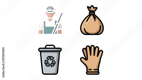 Waste Management Collection: Illustration icons showcasing key elements of waste management and environmental conservation. Symbols including a waste collector, sack, trash can, and glove.