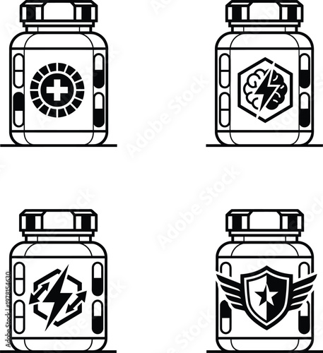Collection of four distinct black and white line art supplement bottle icons, illustrating various health and performance benefits in a professional composition.