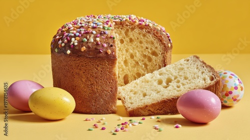 Festive easter panettone with colorful eggs against yellow background