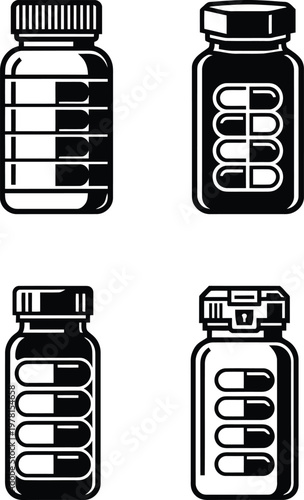 Vector illustration of four distinct medicine pill bottles, simple black and white icons representing pharmacy and healthcare.