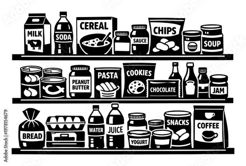 Pantry shelves displaying a range of supermarket food items like cereals, canned goods, pasta, snacks, and beverages