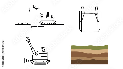 Industrial Construction Elements: A collection of meticulously rendered line drawings showcases essential elements of construction, conveying the precision and intricacies of the industry. 