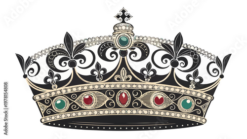 Elegant crown silhouette with jewels and filigree symbolizing luxury and royalty in black gold and colorful gemstones on white
