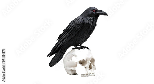 Black Raven Perched on a Human Skull