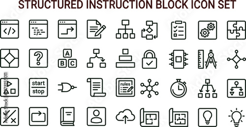 Structured instruction block outline icon set for workflow automation analytics dashboards applications interfaces coding and digital system architecture platforms