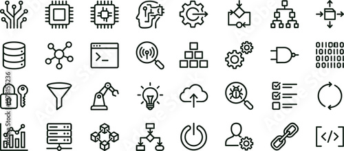 Artificial intelligence system logic outline icon set for analytics dashboards applications interfaces workflow automation and digital technology infrastructure platforms