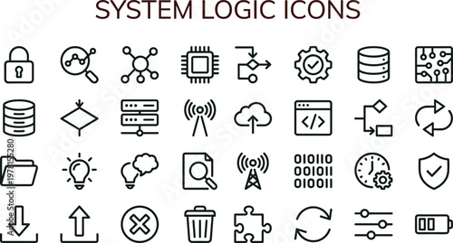 System logic outline icon set for analytics dashboards applications interfaces workflow automation cloud computing and digital technology control platforms