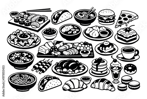 Diverse food assortment including sushi, pizza, burgers, tacos, ramen, cake, and pastries, representing global culinary variety