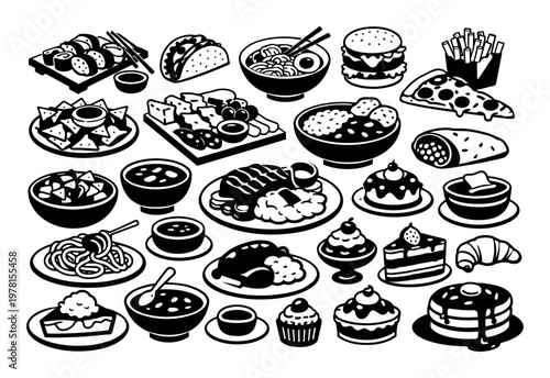 Various dishes, snacks, and sweet treats representing international flavors and different meal types including breakfast, lunch, and dinner