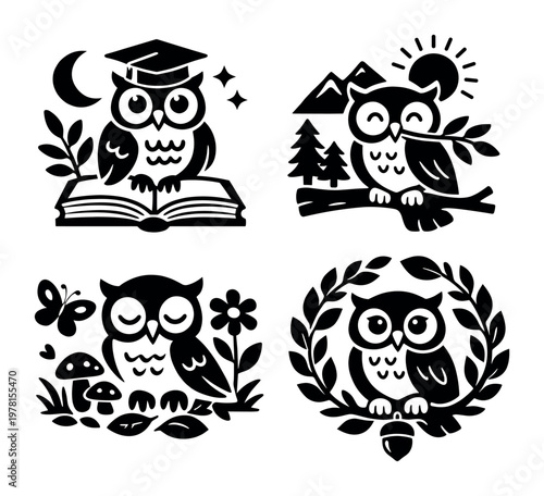 Cute owl illustrations portraying knowledge with a graduation cap on a book, living in a forest and surrounded by nature symbols