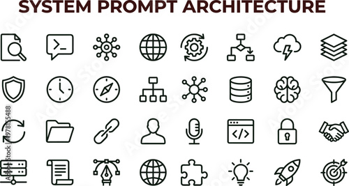 System prompt architecture outline icon set for analytics dashboards applications interfaces workflow automation cloud integration and digital technology platforms