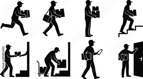 Set of Silhouette Illustrations Featuring Delivery Couriers Carrying Boxes Running Walking Climbing Stairs and Delivering Packages for Logistics Shipping Service and E-commerce Business Industry