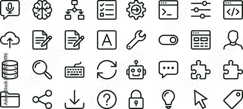 Technology interface workflow outline icon set for analytics dashboards applications websites presentations navigation controls and digital system management elements