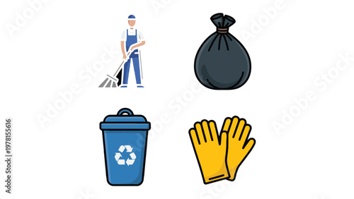 Cleaning Essentials: A set of essential cleaning items, featuring a worker with broom, a full trash bag, a recycling bin, and a pair of yellow gloves, emphasizing cleanliness and waste management.