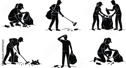 Set of Silhouette Illustrations Featuring Volunteers Cleaning Up Plastic Waste and Litter to Promote Environmental Protection Sustainability and Community Service for a Greener Planet