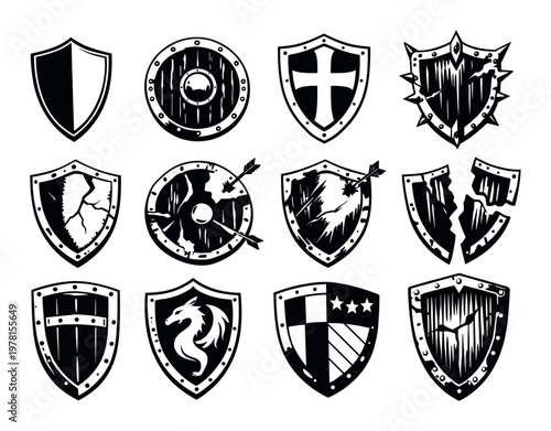 Assortment of intricate medieval shields, showcasing a range of battle-damaged armors with cracks, arrows, and unique heraldic motifs